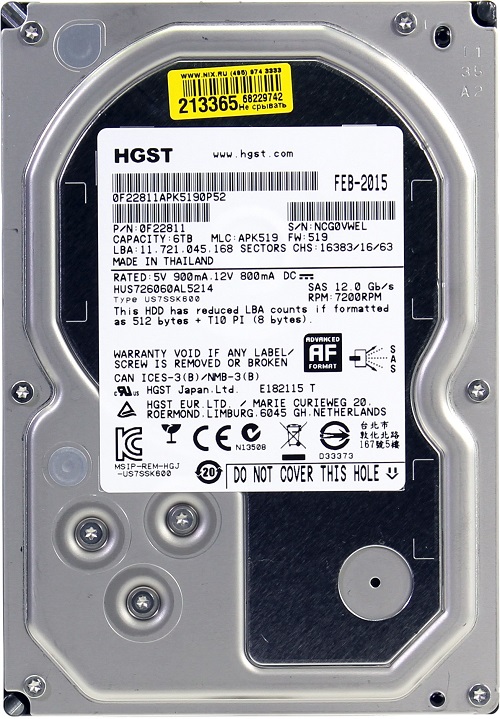 HGST Enterprise HDD 3.5" SAS  6000Gb, 7200rpm, 128MB buffer (HUS726060AL5214 Hitachi Ultrastar Raid Edition)