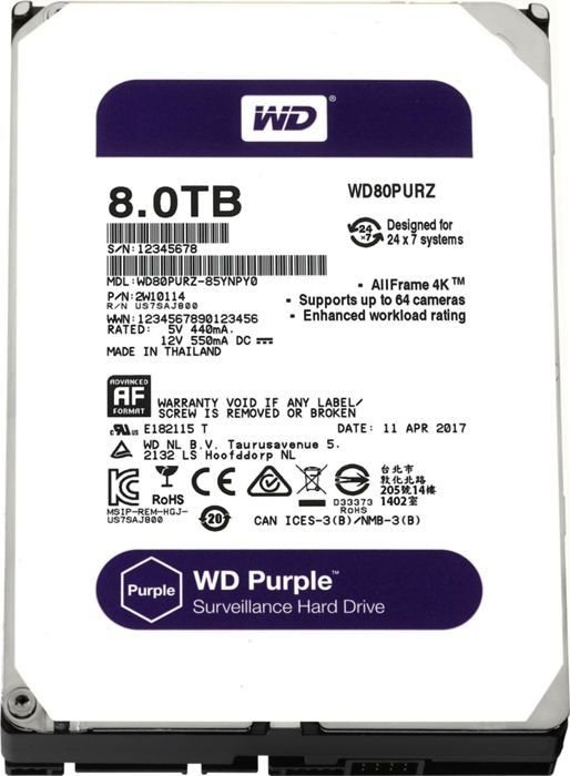 Western Digital HDD SATA-III  8000Gb Purple WD80PURZ, IntelliPower, 128MB buffer (DV&NVR)