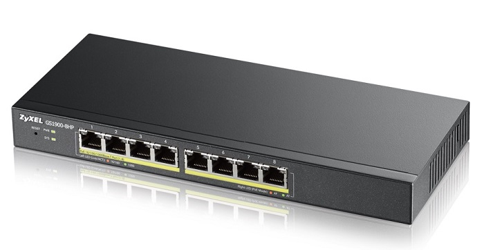 Zyxel GS1900-8HP, 8-port GbE L2 PoE Smart Switch, 802.3at, desktop, fanless, 70 Watt