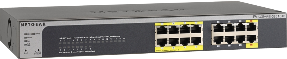 NETGEAR Управляемый гигабитный Smart-коммутатор на 16 GE портов (из них 8 портов с PoE), улучшенными функциями QoS, cтатической маршрутизацией, а так же поддержкой PoE+PD. PoE бюджет до 70 Вт
