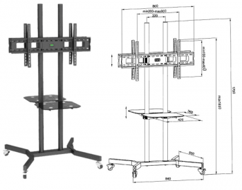 Передвижная стойка для двух дисплеев 32"-63" тв/жк, мax. VESA: 600x400, высота 1700 мм, нагрузка 160 кг, две стеклянные полки для аппаратуры, черный цвет