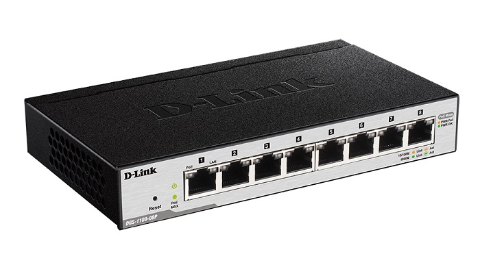 D-Link DGS-1100-08P/B1A, L2 Smart Switch with 8 10/100/1000Base-T and (8 PoE ports 802.3af (15,4 W), PoE Budget 64 W). 8K Mac address, 802.3x Flow Control, Port Trunking, Port Mirroring, IGMP Snooping
