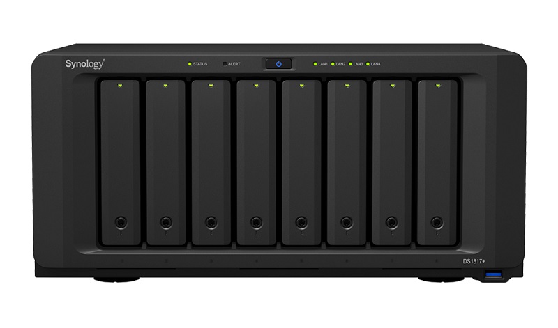 Synology DS1817+  QC2,4GhzCPU/2GbDDR3(upto16)/RAID0,1,10,5,5+spare,6/upto 8hot plug HDD SATA(3,5'or2,5')(upto18 with 2xDX517/4xUSB3.0/2eSATA/4GigEth(+1Expslot)/iSCSI/2xIPcam(upto40)/1xPS (repl.DS1815+
