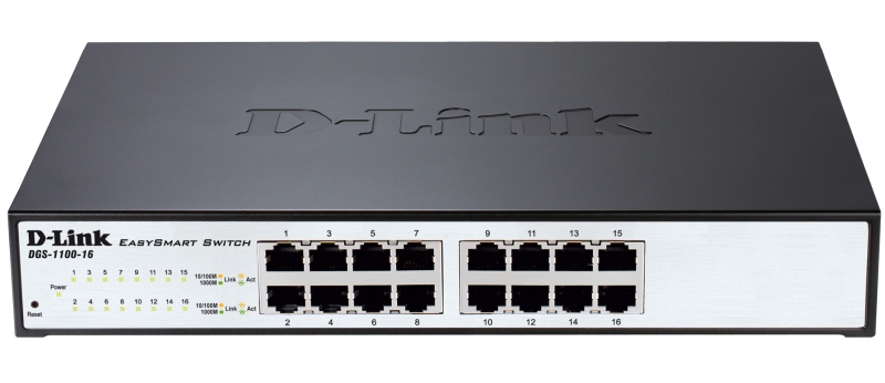 D-Link DGS-1100-16/B2A, 16-port 10/100/1000Base-T Smart switch 16-port 10/100/1000Base-T Metro Ethernet Switch 802.3x Flow Control, 802.3ad Link Aggregation, PortMirroring,  802.1Q VLAN up to 128, VID