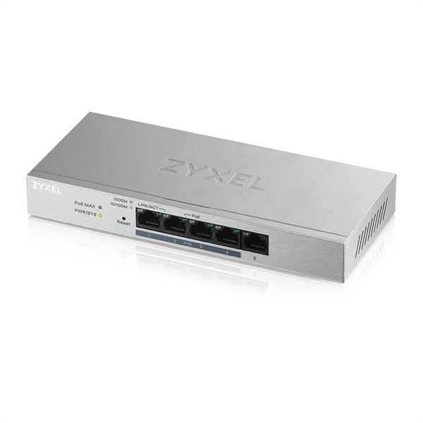 Zyxel Smart коммутатор PoE+ GS1200-5HP, 5xGE (4xPoE+), настольный, бесшумный, бюджет PoE 60 Вт
