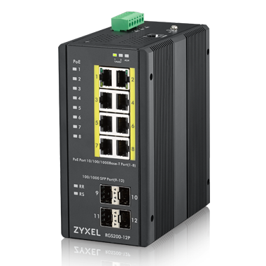 Zyxel RGS200-12P, 12 Port managed PoE Switch, 240 Watt PoE, DIN Rail, IP30, 12-58V DC.