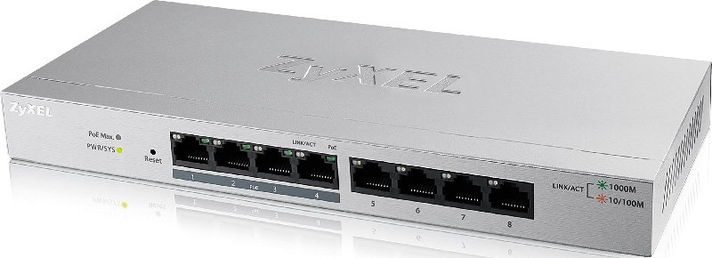 Zyxel GS1200-8HP, 8xGE (4xPoE+), настольный, бесшумный, бюджет PoE 60 Вт