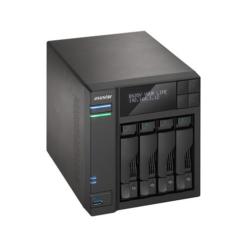 ASUSTOR AS6104T 4-Bay NAS/Media player/ Intel Celeron 1.6GHz Quad Core (burst up to 2.16 GHz)/2GBDDR3/noHDD,LFF(HDD,SSD),/2x1GbE(LAN)/3xUSB3.0,HDMI/4ip camera license ; 90IX00H1-BW3S10