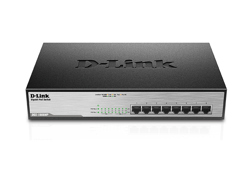 D-Link DGS-1008MP/A1A, Layer 2 unmanaged Gigabit Switch with PoE and Green Ethernet power save technology