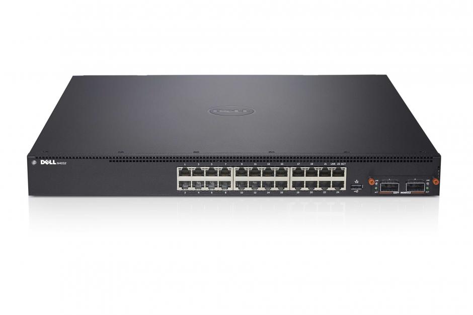 DELL Networking N4032, 24x10GbE BASE-T Fixed Ports, 1xHot Swap Modular Bay, 2xPower Supplies, 3YPSNBD (210-ABVS)