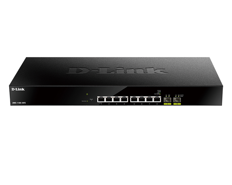 D-Link DMS-1100-10TS/A1A, L2 Smart Switch with 8 2.5GBase-T ports and 2 10GBase-X SFP+ ports.16K Mac address, 80Gbps switching capacity, 802.3x Flow Control, 802.3ad Link Aggregation, 4K of 802.1Q VL