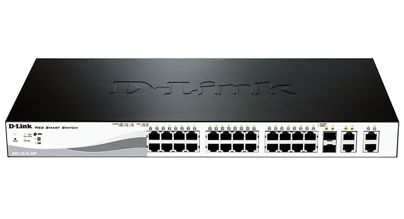 D-Link DES-1210-28P/C2A, L2 Smart Switch with 24 10/100Base-TX ports and 2 10/100/1000Base-T ports and 2 100/1000Base-T/SFP combo-ports (4 PoE ports 802.3af/802.3at (30 W), 20 PoE ports 802.3af (15,4