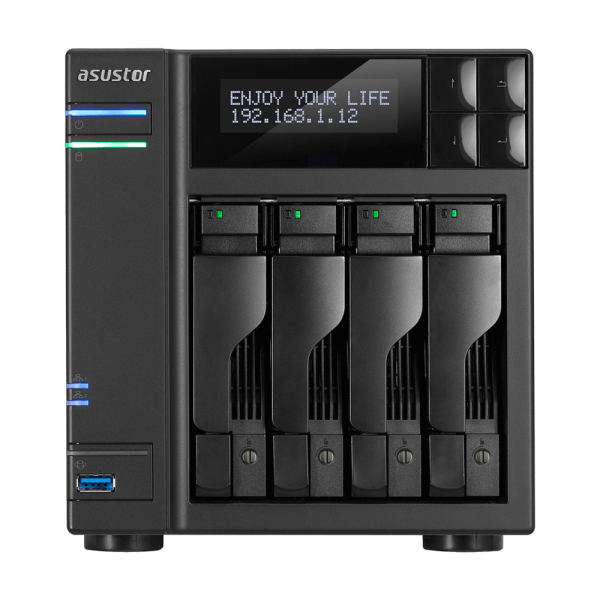 ASUSTOR AS6404T 4-Bay NAS/Media player/Intel Celeron J3455 1.5GHz, up to 2.3 GHz(Quad-Core), 8GB SO-DIMM DDR3L, noHDD(HDD,SSD),/2x1GbE(LAN)/3xUSB3.0,HDMI/4ip camera license ; 90IX0121-BW3S10