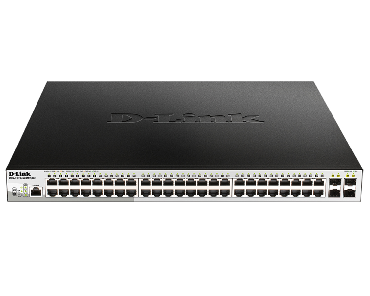 D-Link DGS-1210-52MPP/ME/B1A, L2 Managed Switch with 48 10/100/1000Base-T ports and 4 1000Base-X SFP ports  (48 PoE ports 802.3af/802.3at (30 W), PoE Budget 740 W). 16K Mac address, 802.3x Flow Contro