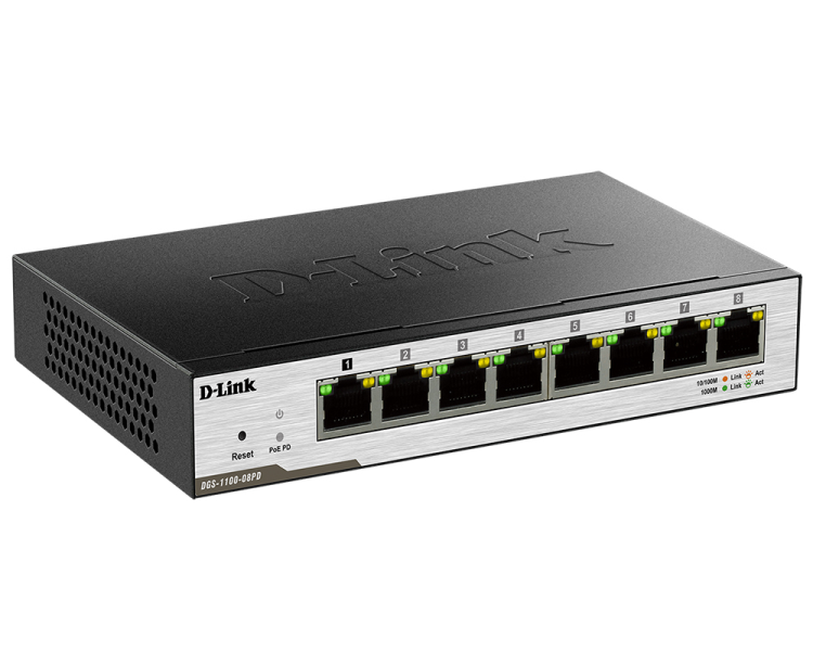 D-Link DGS-1100-08PD/B1A, L2 Smart Switch with 7 10/100/1000Base-T ports and 1 10/100/1000Base-T PD port.8K Mac address, 802.3x Flow Control, Port Trunking, Port Mirroring, IGMP Snooping, 32 of 802.