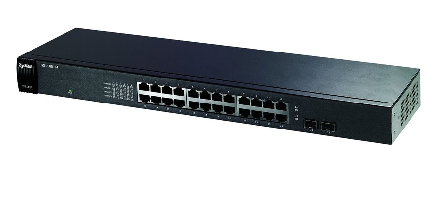 ZyXEL GS1100-24. 24-портовый коммутатор Gigabit Ethernet с 24 разъемами RJ-45 из которых 2 совмещены с SFP-слотами