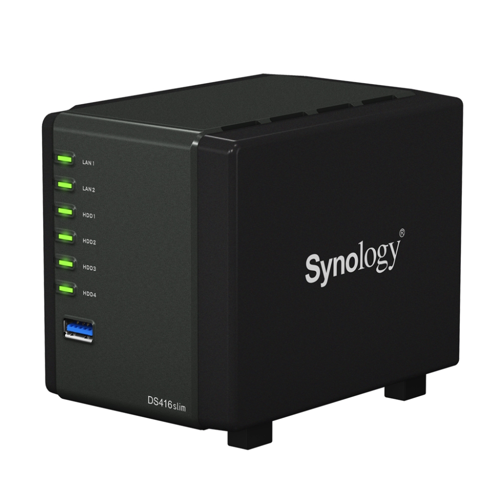 Synology  DS416slim DC1GhzCPU/512Mb/RAID0,1,10,5,6/up to 4HDDs SATA 2,5'/2xUSB 3,0/2xGigEth/iSCSI/2xIPcam(up to 8)/1xPS