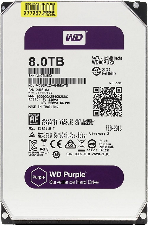 Western Digital HDD SATA-III  8000Gb Purple WD80PUZX, 5400 rpm, 128MB buffer (DV-Digital Video)