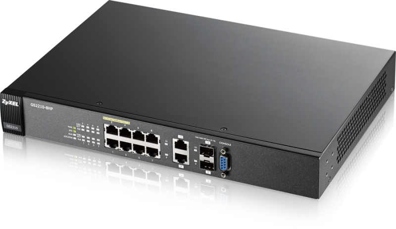 ZyXEL GS2210-8HP. 8-портовый управляемый High Power PoE-коммутатор Gigabit Ethernet с 2 SFP-слотами совмещенными с разъемами RJ-45.