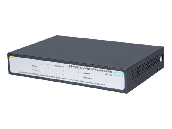 HPE 1420 5G PoE+ (32W) Switch (4 ports 10/100/1000 PoE+ + 1 port 10/100/1000, unmanaged, fanless)
