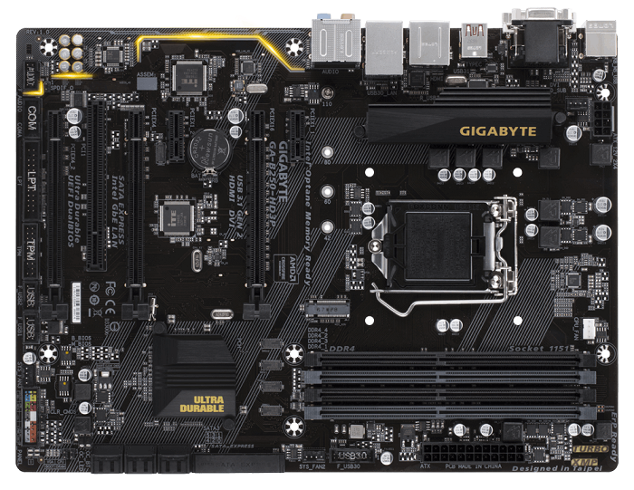 GIGABYTE GA-B250-HD3P /Socket 1151, Intel B250, 4xDDR-4, 7.1CH, 1000 Мбит/с, USB3.1, USB 3.1 Type-C, D-Sub, DVI, HDMI, ATX