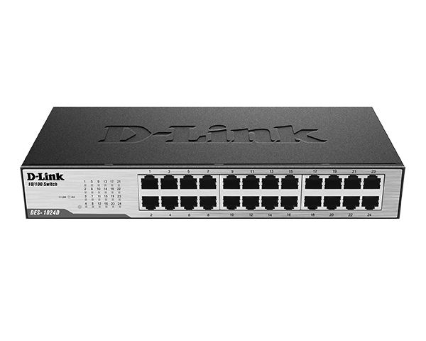 D-Link DES-1024D/G1A, 24-port UTP 10/100Mbps Auto-sensing, Stand-alone, Unmanaged 11-inch desktop & rack-mount, 1U, D-link Green technology Manual + Rackmount brackets + Power Cable included Metal cas