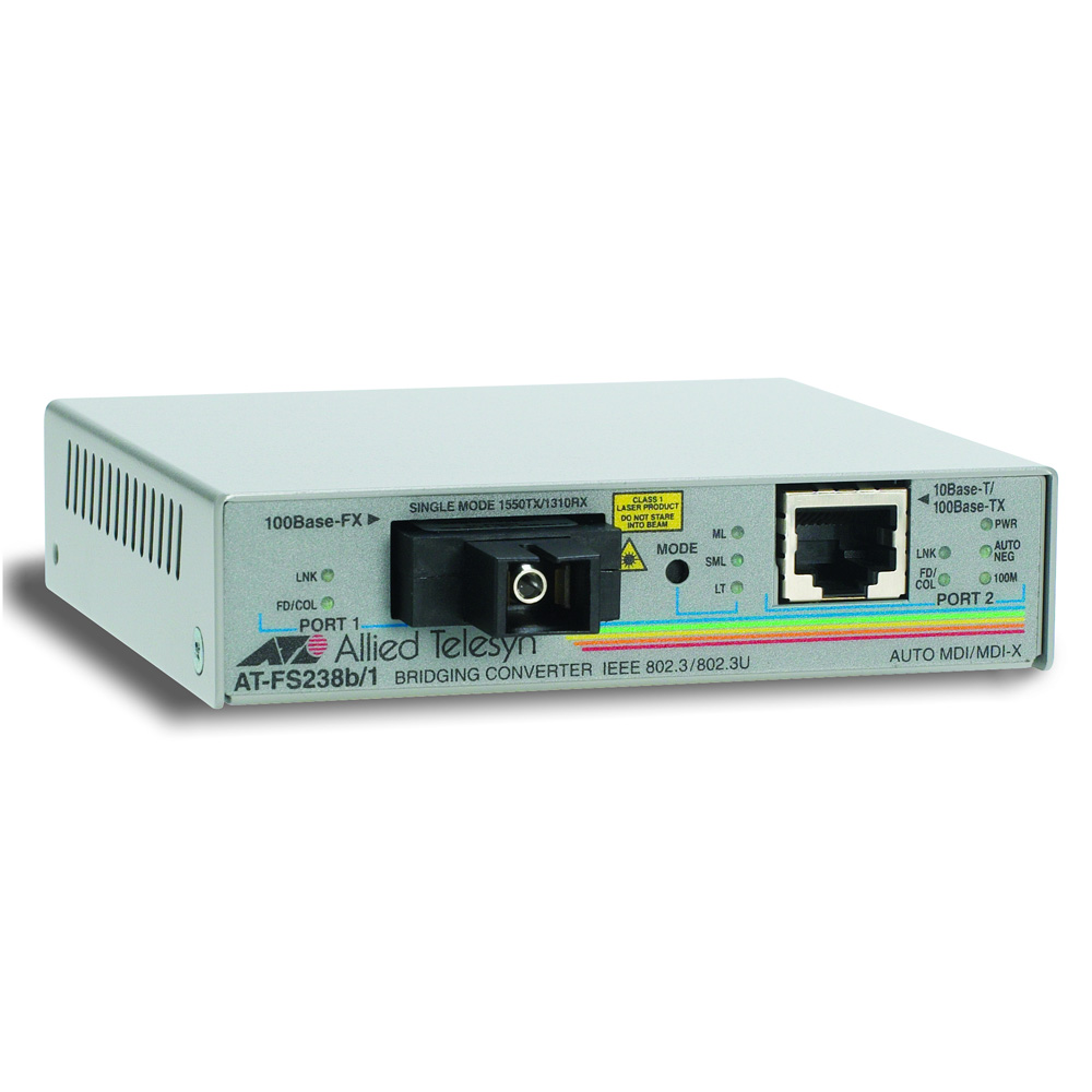 Allied Telesis Single-fiber 10/100M bridging converter with 1310Tx/1550Rx, 15km reach, operating temperature of 65C