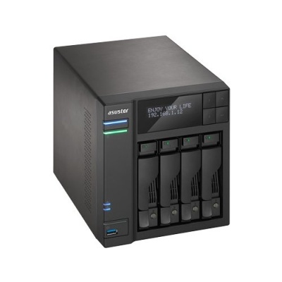 ASUSTOR AS6204T 4-Bay NAS/Media player/ Intel Celeron 1.6GHz Quad Core (burst up to 2.08 GHz)/4GBDDR3/noHDD,LFF(HDD,SSD),/2x1GbE(LAN)/3xUSB3.0,HDMI/4ip camera license ; 90IX00J1-BW3S10