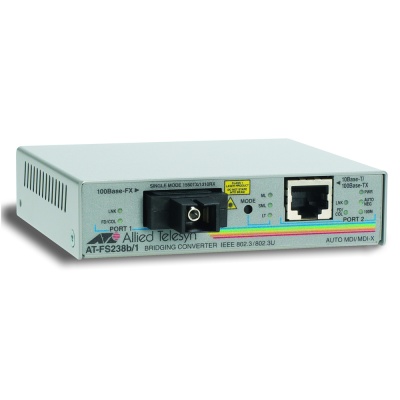 Allied Telesis Single-fiber 10/100M bridging converter with 1310Tx/1550Rx, 15km reach, operating temperature of 65C