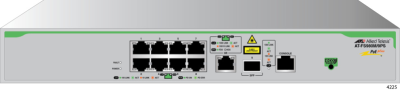 Allied Telesis 8 x 10/100T ports and 1 x combo ports (100/1000X SFP or 10/100/1000T Copper), Fixed AC power supply, EU Power Cord