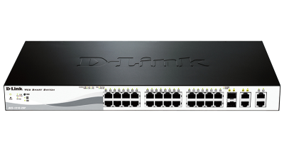 D-Link DES-1210-28P/C2A, L2 Smart Switch with 24 10/100Base-TX ports and 2 10/100/1000Base-T ports and 2 100/1000Base-T/SFP combo-ports (4 PoE ports 802.3af/802.3at (30 W), 20 PoE ports 802.3af (15,4
