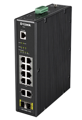 D-Link DIS-200G-12PS/A1A, L2 Managed Industrial Switch with 10 10/100/1000Base-T and 2 1000Base-X SFP ports (8 PoE ports 802.3af/802.3at (30 W), PoE Budget 123 W)8K Mac address, 802.3x Flow Control,