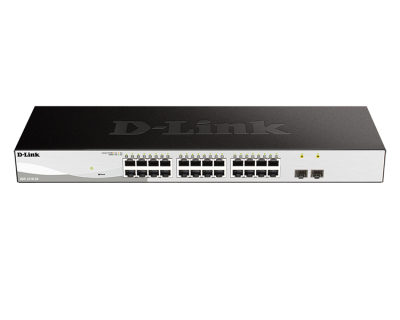D-Link DGS-1210-26/F1A, L2 Smart Switch with  24 10/100/1000Base-T ports and 2 100/1000Base-X SFP ports. 8K Mac address, 802.3x Flow Control, 4K of 802.1Q VLAN, 4 IP Interface, 802.1p Priority Queues,