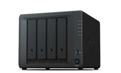 Synology QC1,4GhzCPU/2GB/RAID0,1,10,5,6/up to 4HDDs SATA(3,5' or 2,5')/2xUSB3.0/2GigEth/iSCSI/2xIPcam(up to 30)/1xPS/2YW repl DS416