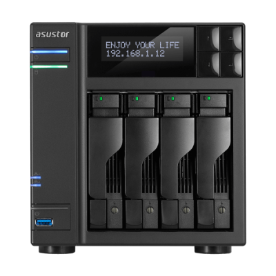 ASUSTOR AS6404T 4-Bay NAS/Media player/Intel Celeron J3455 1.5GHz, up to 2.3 GHz(Quad-Core), 8GB SO-DIMM DDR3L, noHDD(HDD,SSD),/2x1GbE(LAN)/3xUSB3.0,HDMI/4ip camera license ; 90IX0121-BW3S10